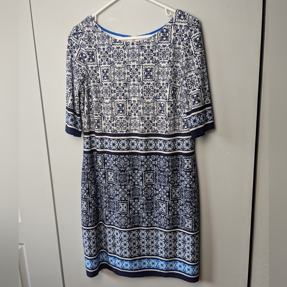 ELIZA J Women Midi Dress Size 10 Blue And White 1/2 Sleeve Back Gold Zipper